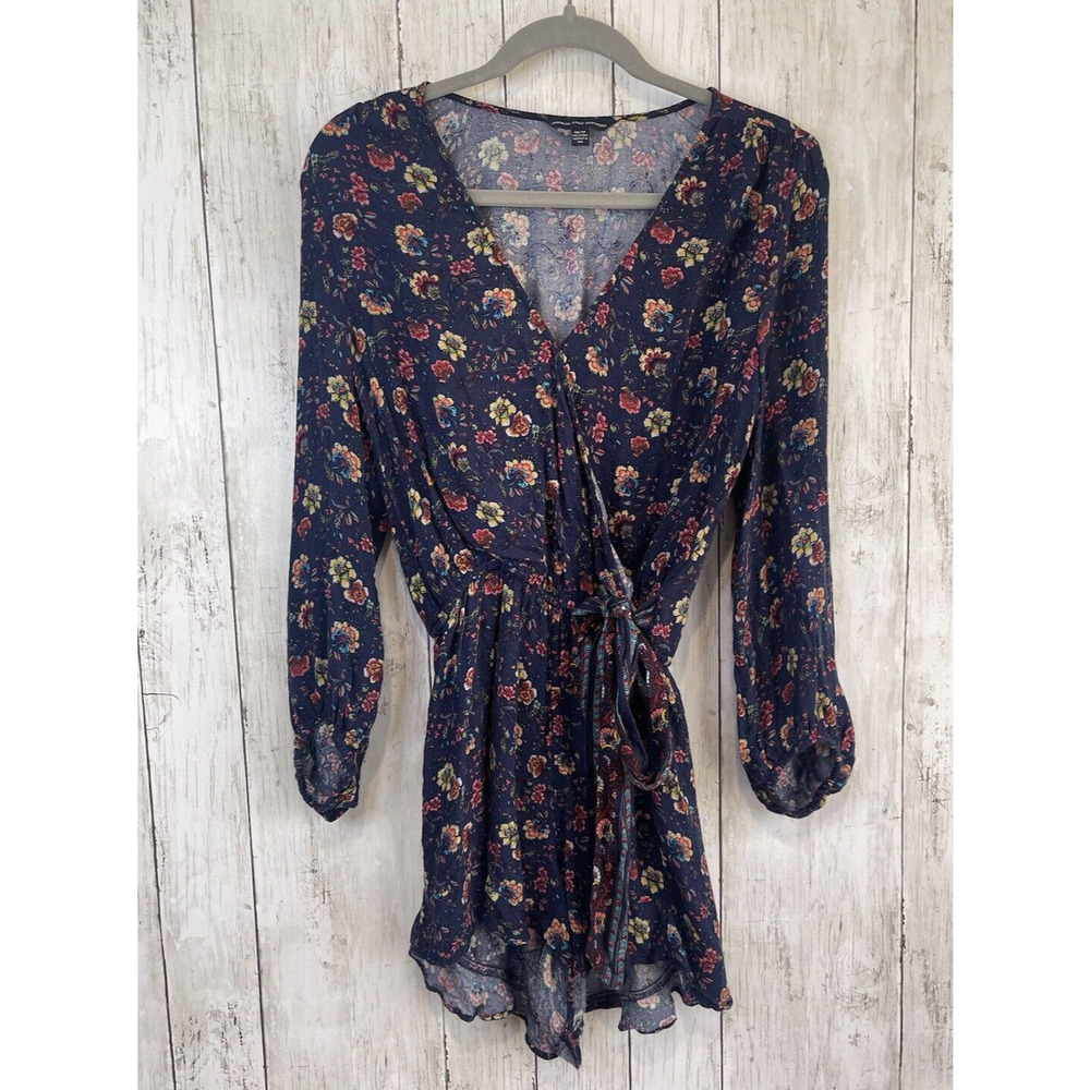 American Eagle Romper Floral Wrap Long Sleeve XS Blue Shorts Tie Cottagecore